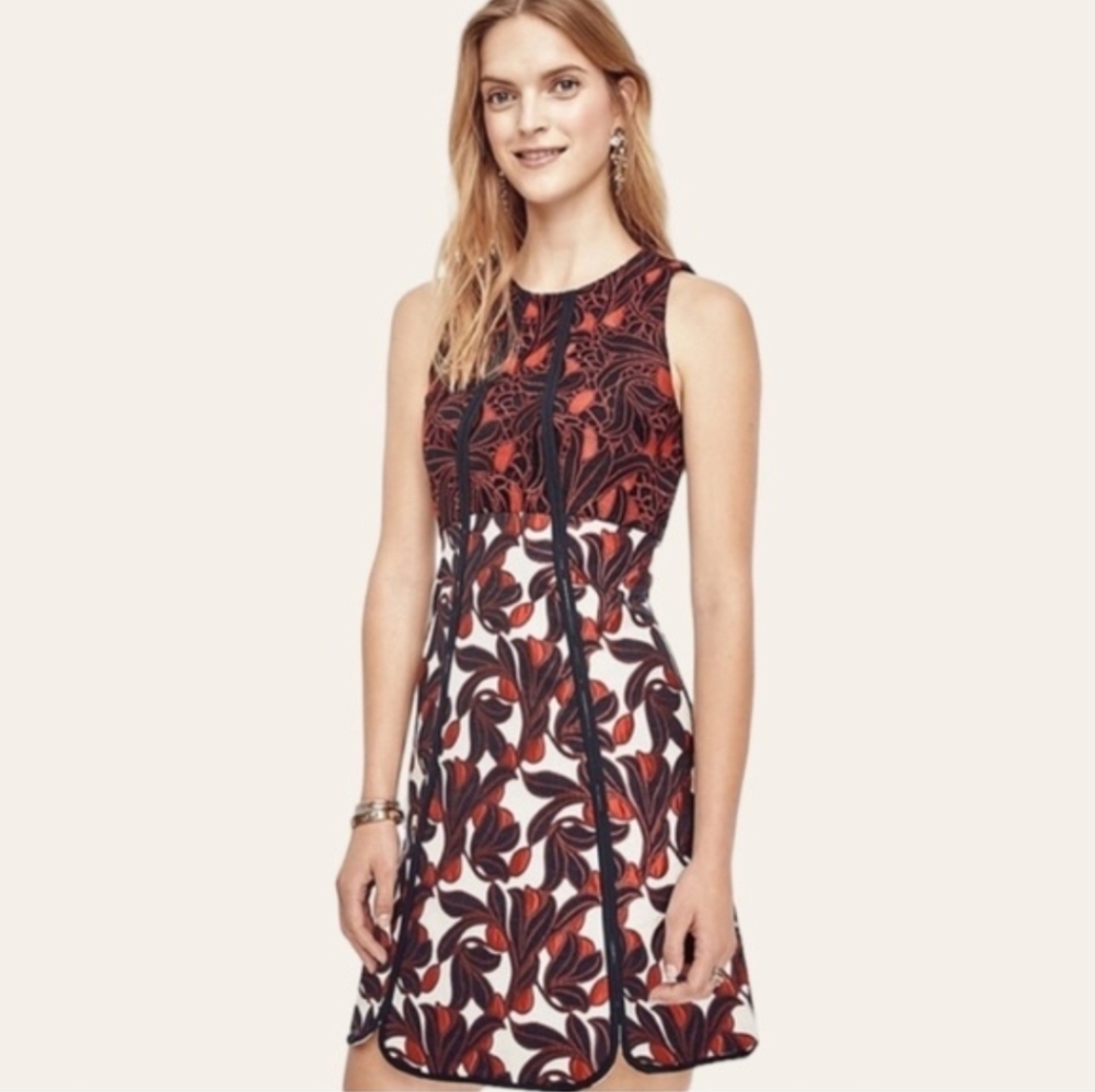 Ann Taylor Floral Vine Sleeveless Lace Dress - Rust White Navy Blue Sz 2 Petite